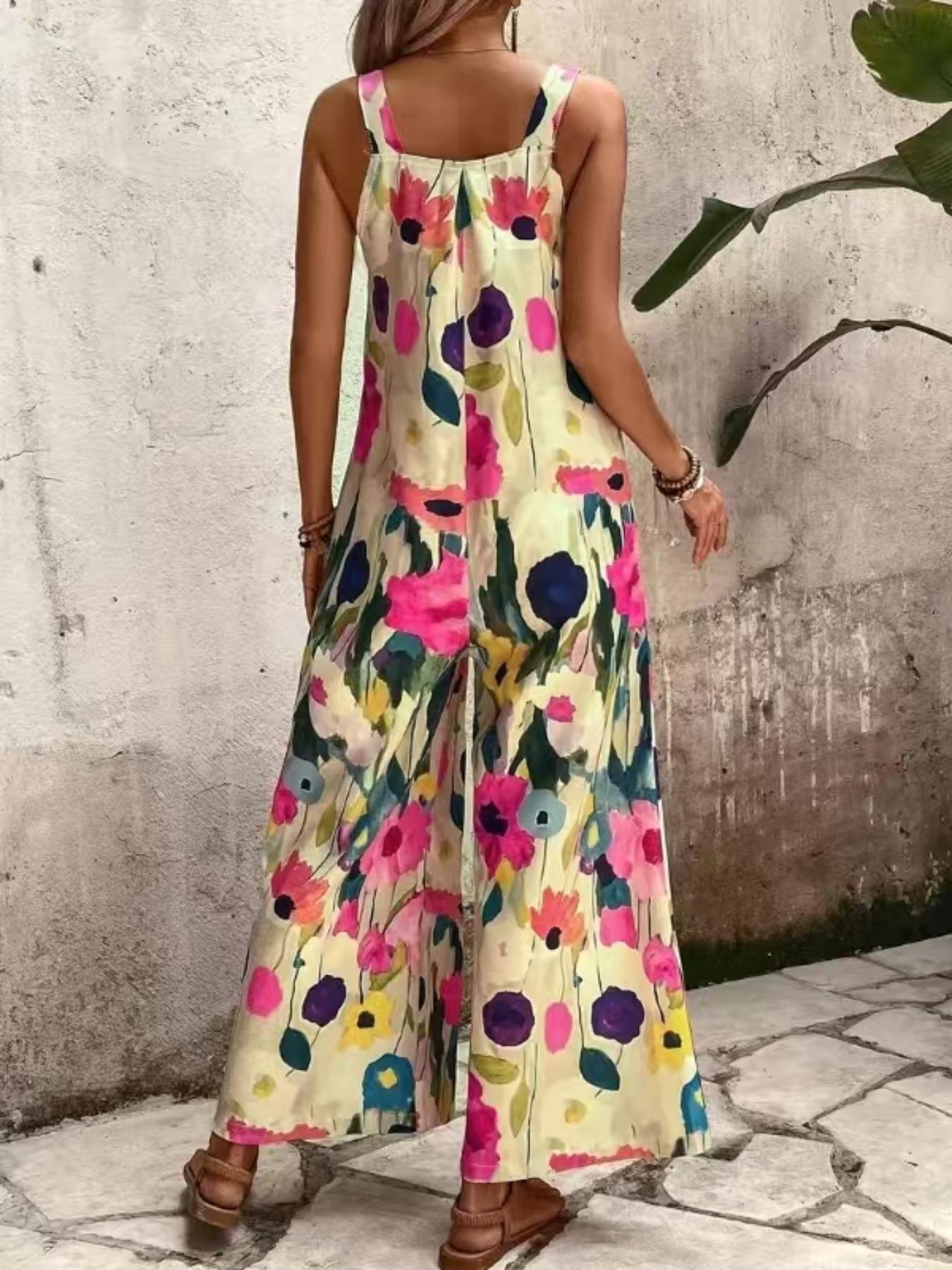 Women's Floral Print Overalls, Boho Casual Fitted Wide Leg Jumpsuit for Beach Holiday Vacation, Ladies Summer Clothes, Womenswear