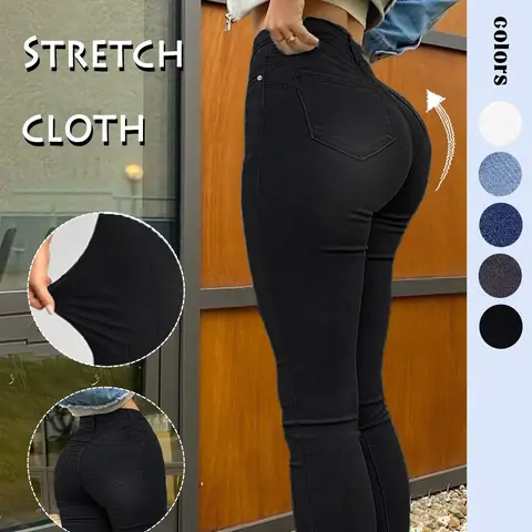 Women's High-Waisted Tight Jeans, Casual Comfort Stretch Conical Denim Jeans, Y2K Washed Blue Button Fly, Street Style Long Pants