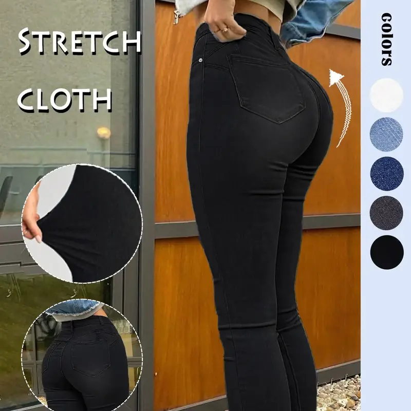 Women's High-Waisted Tight Jeans, Casual Comfort Stretch Conical Denim Jeans, Y2K Washed Blue Button Fly, Street Style Long Pants