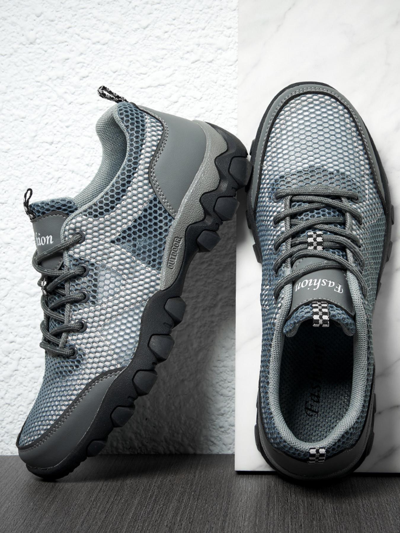 Men's Solid Color Mesh Breathable Outdoor Hiking Shoes Lace-up Closed-toe Trekking Shoes Non-slip Wear-resistant Casual Sneakers