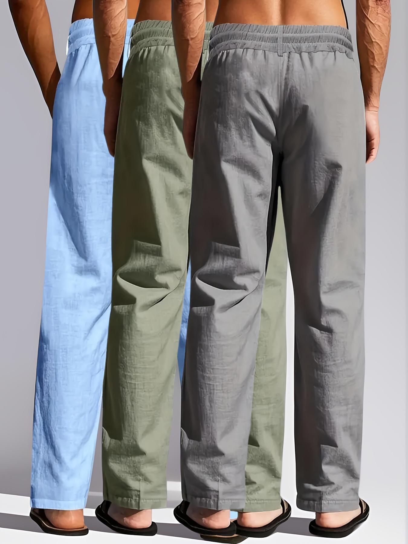 3 pieces of men's summer plain-color simple linen casual straight-leg trousers, Casual Solid Drawstring, beach-friendly lightweight breathable linen trousers, suitable for daily commuting and outdoor activities, vacations, beaches, Casual Fashion Pockets
