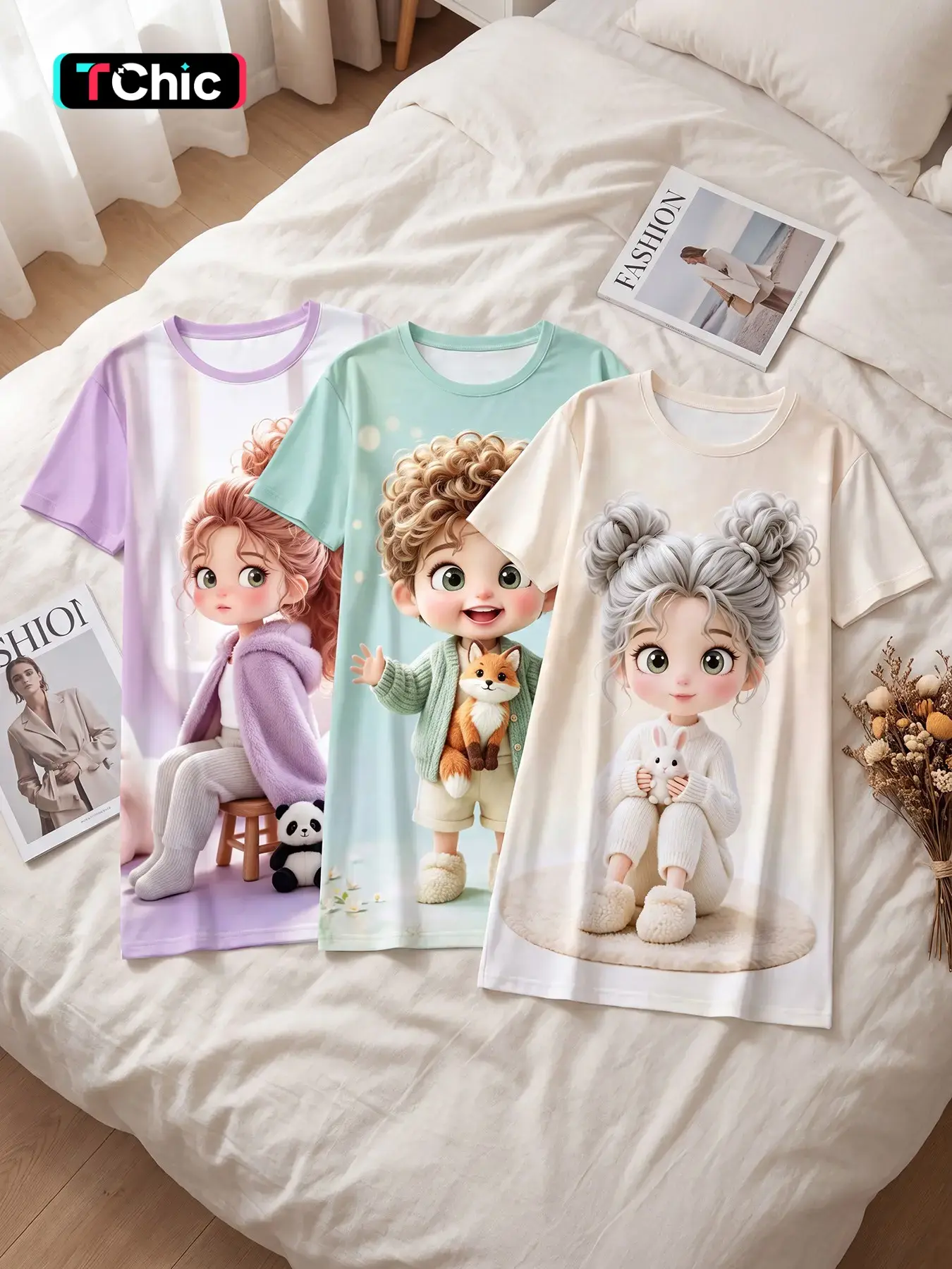 3 Pack Women’s Short Sleeve Crew Neck Sleep Dress, All Season Wear, Cozy Companion Cartoon Nightgown, Cute Forest Pet Graphic for All-day Stay, Window Relaxation and Bedtime Reading