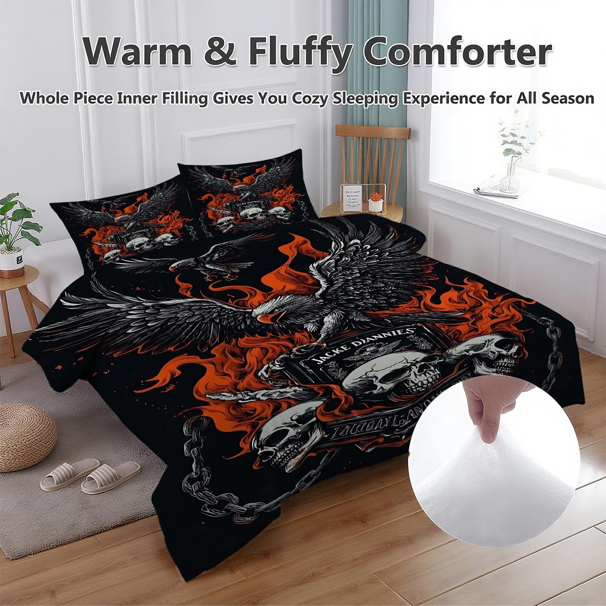 Dark Gothic Eagle Skull Bedding Set, 2/3 Pcs Comforter & Pillowcases, No Pillow Core, All‑Weather Comfortable Comforter Set, Ideal for Guest Bedroom, Boys Room, Game Room, Holiday Gift, Trendy Heavy Metal Room Styling