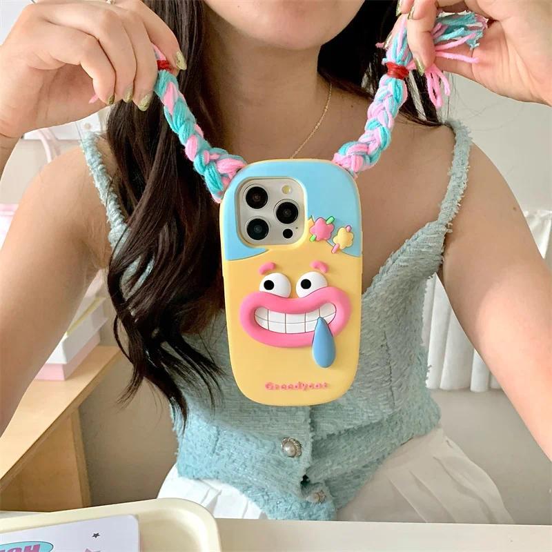 3D Funny long braid cute girl phone case iphone11 12 13 14 15 16 Pro 13pro Max Funny shockproof protection soft silicone Kawaii