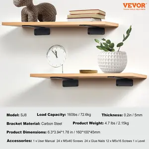 VEVOR Shelf Bracket, 6Lx 4Wx 1.6H 6 Pcs, Heavy Duty Floating Shelf Brackets, Brackets for Shelves, 5mm Thick Matte Black L Shelf Bracket, Steel Shelving Brackets with 160 lbs Load Capacity