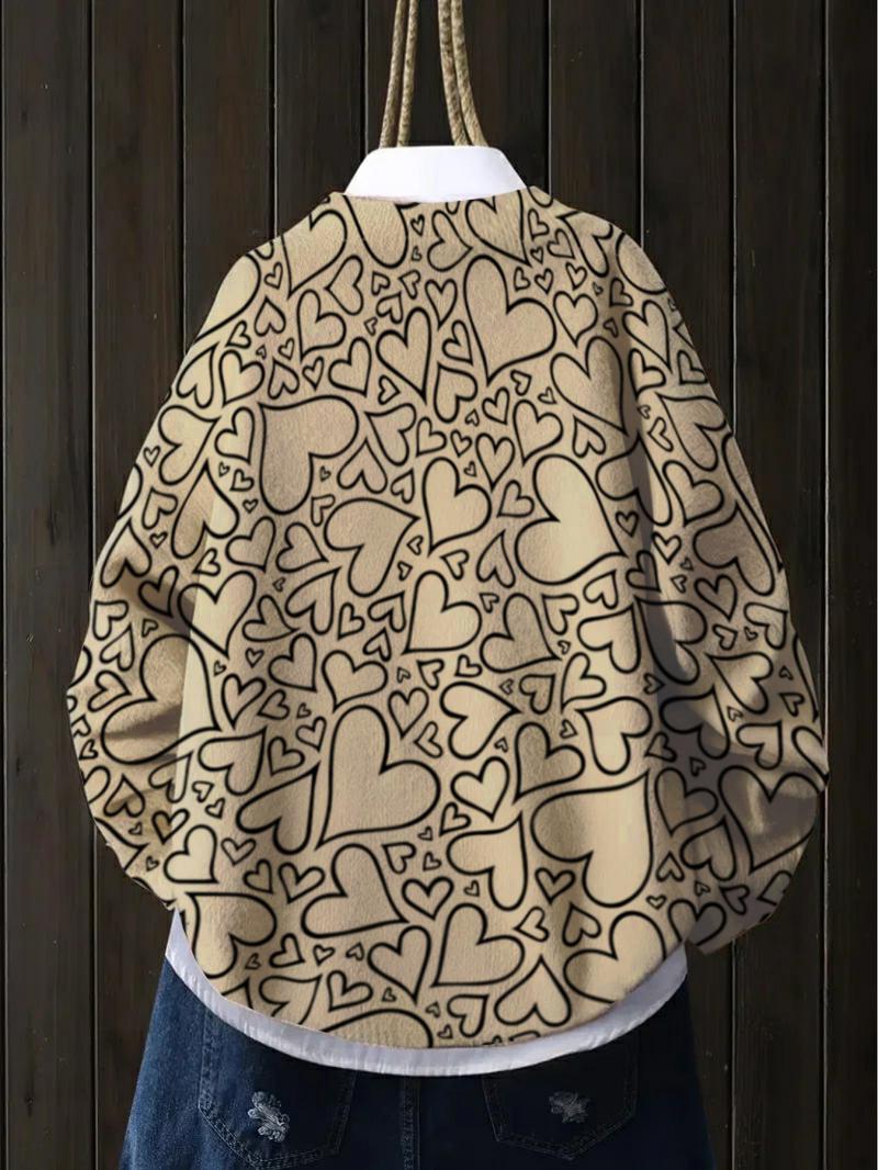 Women's Heart Print Stand Collar Sweater, Fall Winter Casual Long Sleeve Knitwear, Comfortable Warm Fitted Top for Daily Wear