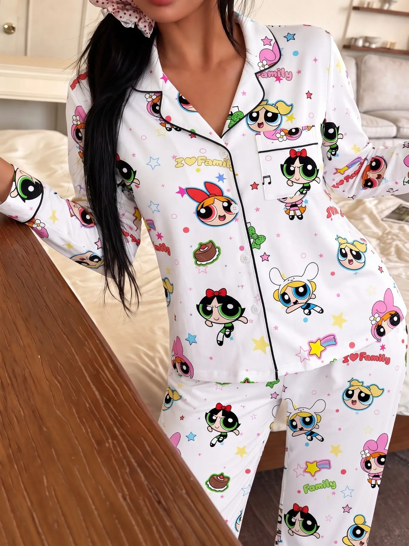 Spring Summer Women's Long Sleeve Pajamas Set, Button Closure Top, Elastic Waist Loose Pants, Cartoon Pattern, Casual Home Wear, Homewear Pajamas Set