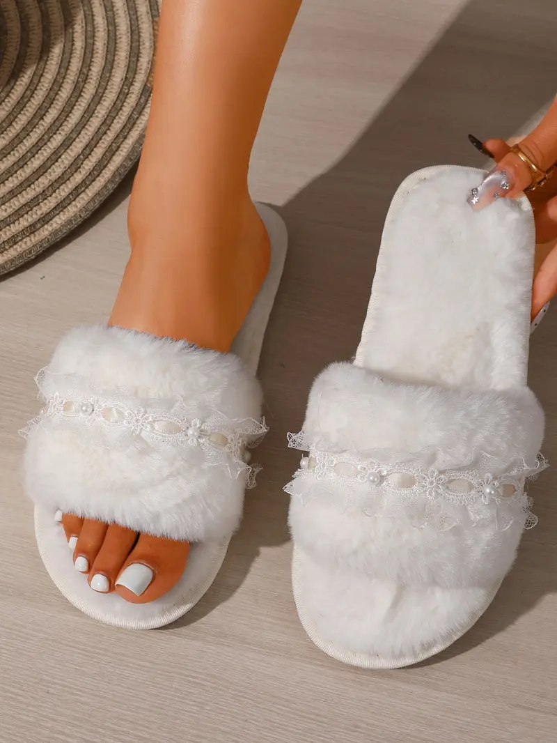 New Lace Plush Slippers, Girl's Heartfelt Home One-Strap Slippers, Princess Style Pearl Lace Plush Slippers, Fashionable and Cozy