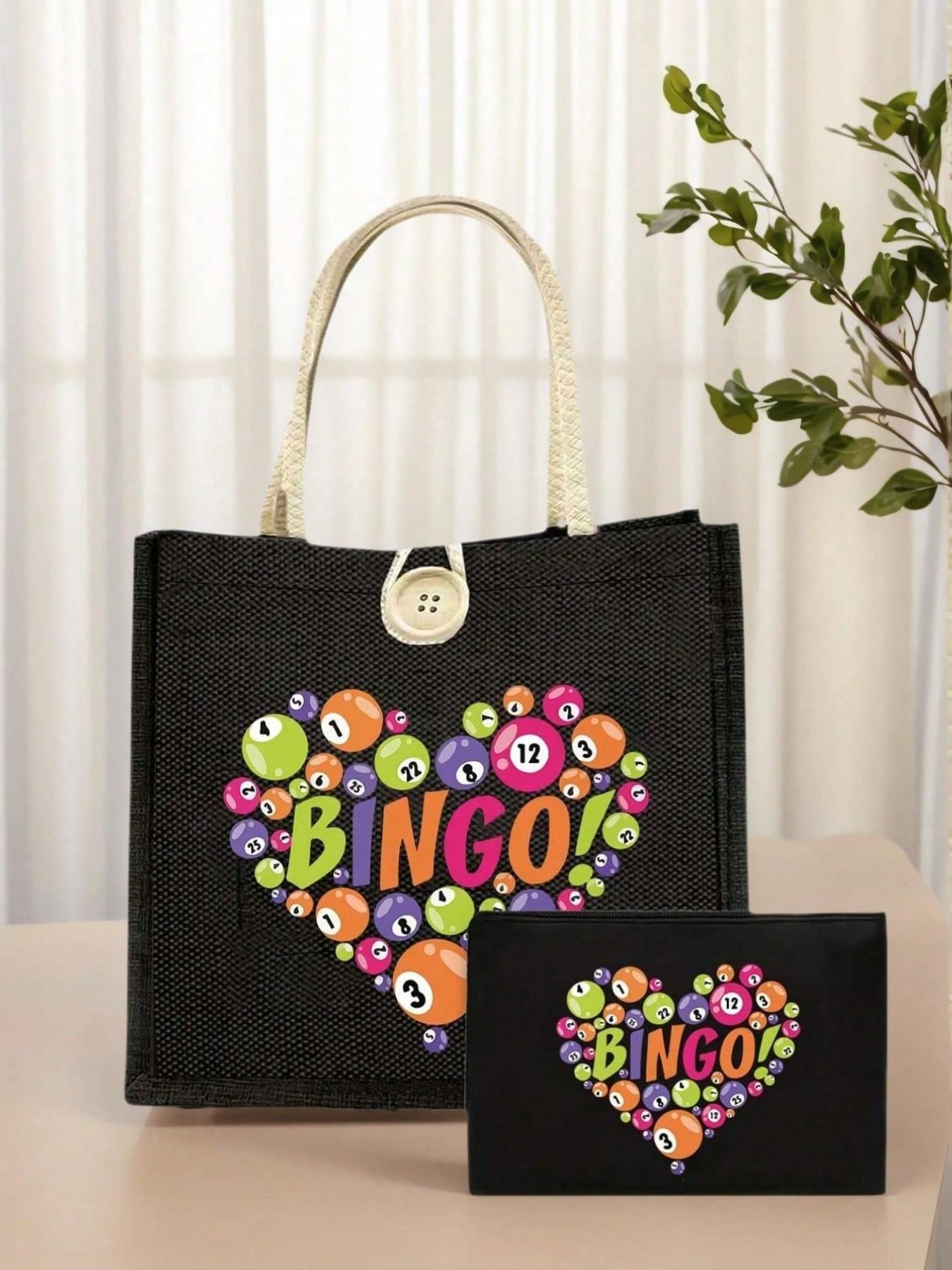 Bingo Theme Handbag Set, Women's Handbag and Wallet, Large Capacity Casual Shoulder Bag, Ideal for Commute, Shopping, Parties, Holidays