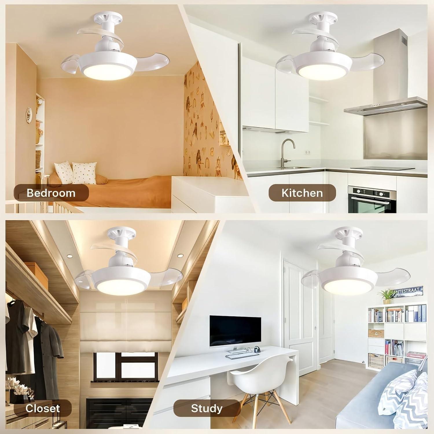 Socket Fan Light with Remote Control, E27 Socket Retractable Ceiling Fan Light, Ultra-Quiet Dc Motor, Dimmable LED, Flush MounSocket Fan Light E27 Fan Light Retractable Ceiling Fan Light Invisible Blades Ultra Quiet DC Motor Dimmable LED Flush Mountt