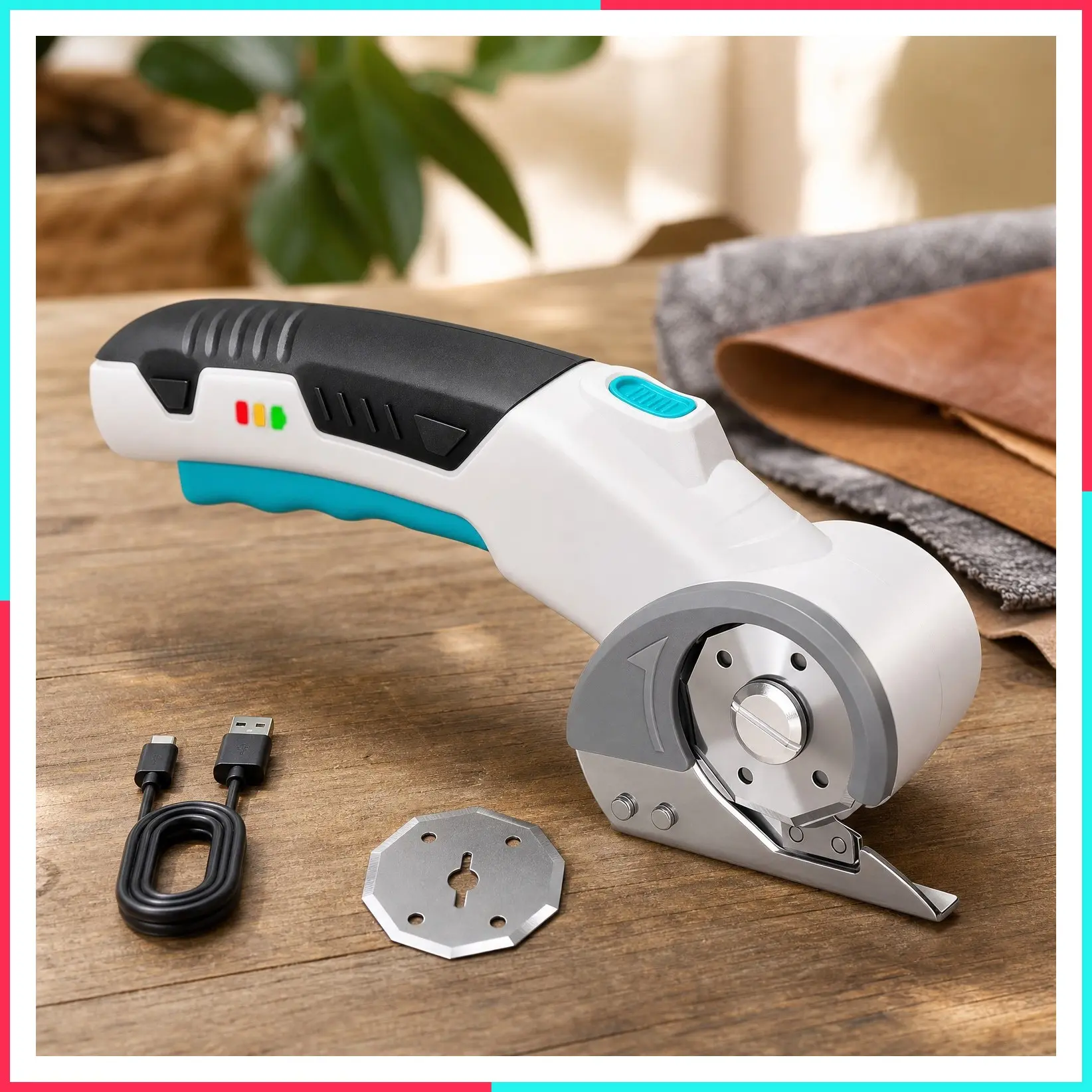 4V Cordless Electric Scissors, Rechargeable Rotary Cutter with Safety Lock, LED Light & Replacement Blade for Fabric, Leather, Carpet, Cardboard & Plastic, White/Blue