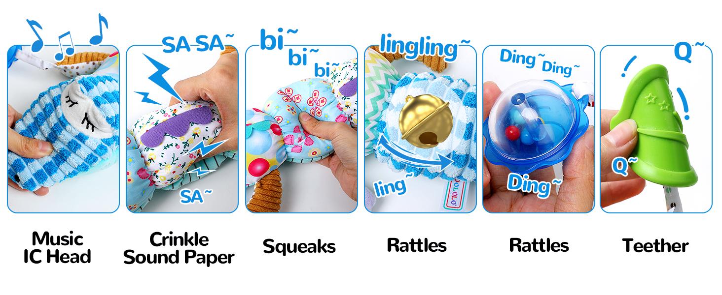 Dearlomum Newborn Baby Girl Gift Toys Infant Tummy Time Musical Stuffed Crocodile with Crinkle Rattle Textures Blue Interactive Duck Shaped Play