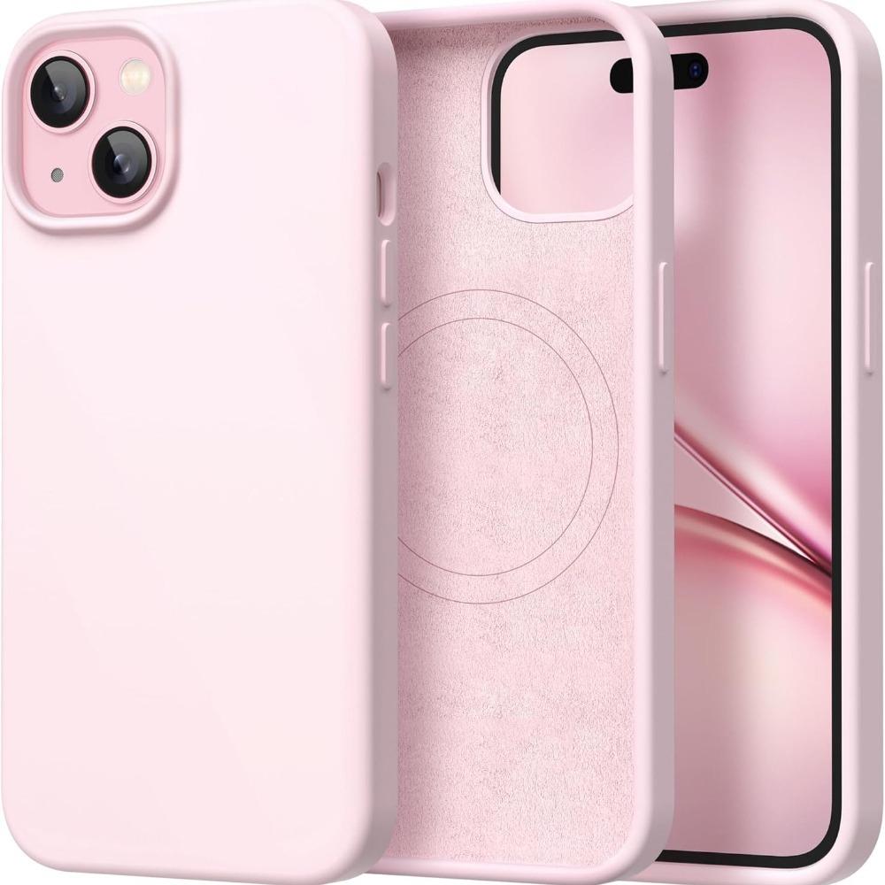 Magnetic Phone Case for iPhone 17/16/15/14/13/12/11, Compatible with MagSafe, Slim Liquid Silicone Shockproof Protective Phone Case with Soft Anti-Scratch Microfiber Lining for iPhone 17/16/15/14/13/12/11 Chalk Pink, Casing