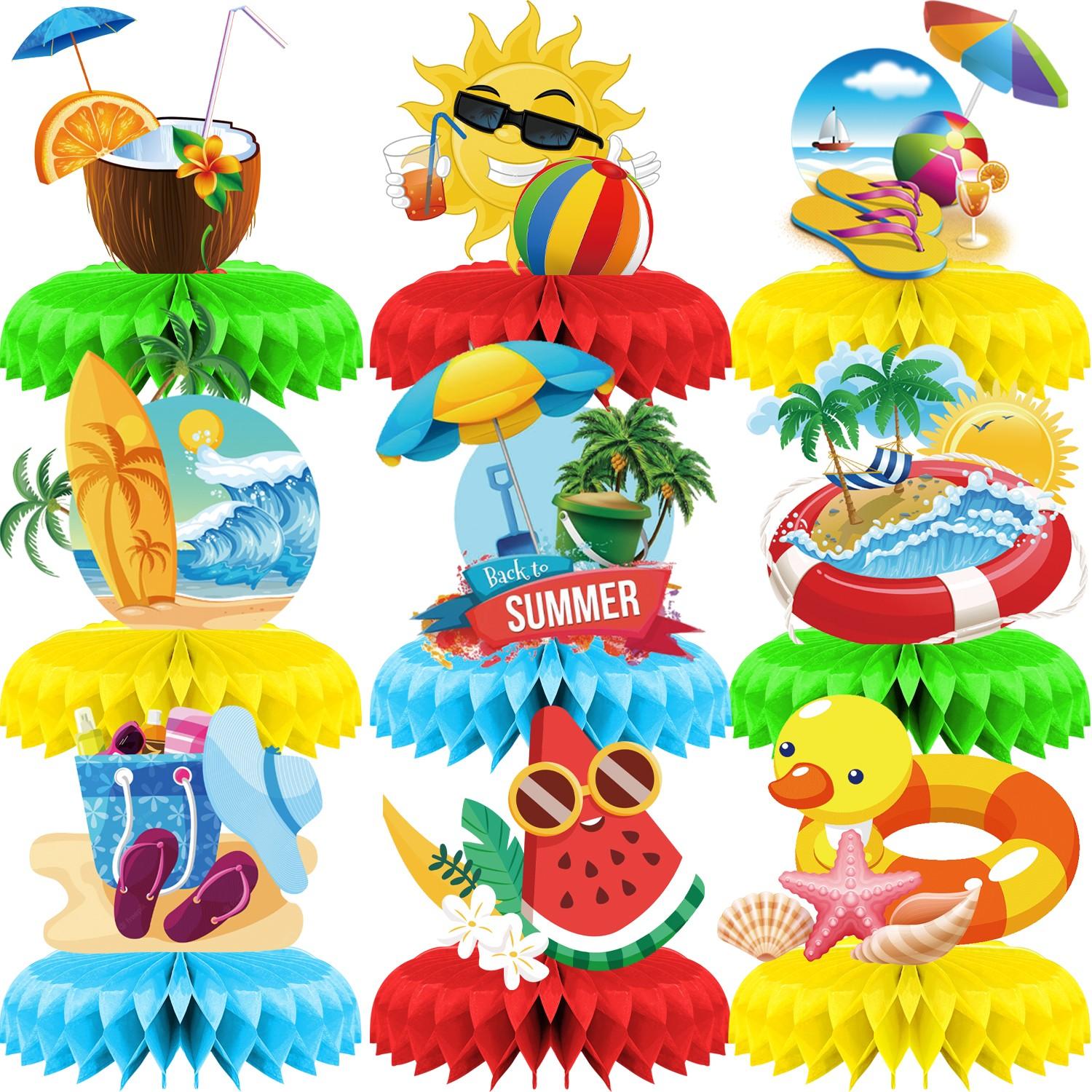 9Pcs Summer Beach Party Honeycomb Centerpieces, 3D Tropical Table Decorations for Pool Party, Luau Birthday Decor, Hawaiian Party Supplies, Summer Table Toppers for Party, Watermelon Sun Coconut Elements