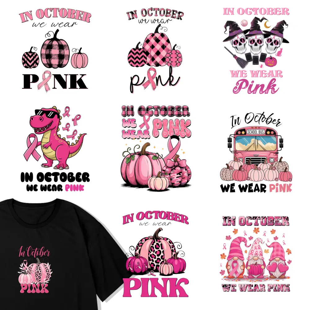 9 Pcs Pink Pumpkin Pink Ribbon Witch Skulls Dino Pink Pumpkin Patch School Bus Leopard Pump Gnome Trio Iron on Transfers Iron On Transfer Patches iron on decals Press Washable Stickers Hoodie DIY Crafts Iron on Decals for T Shirts for