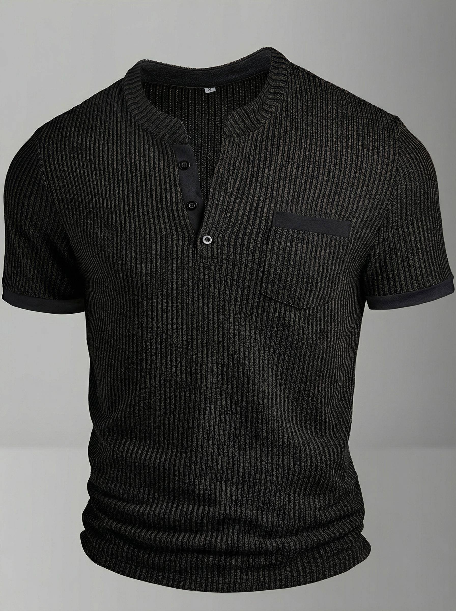 Spring New Men's Casual Fashion Textured Two-Tone Striped Henry Shirt, Short Sleeve, Small Stand Collar, Polyester Fiber