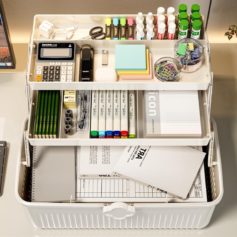 Medicine and stationery storage box, handle-equipped organizer, lockable three-layer multi-functional art supplies storage box and plastic storage container