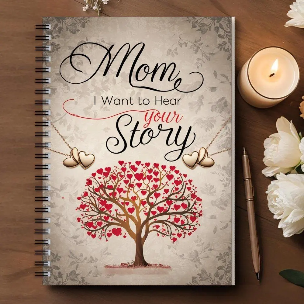 Buy 1 Notebook Get 1 Free! Horizontal-Lined Spiral Notebook “Mom, I Want to Hear Your Story”, Heart Tree & Red-Brown Heart Pattern, Premium Thick Paper Memory Journal, Ideal Mother’s Day Gift & Daily Office Stationery