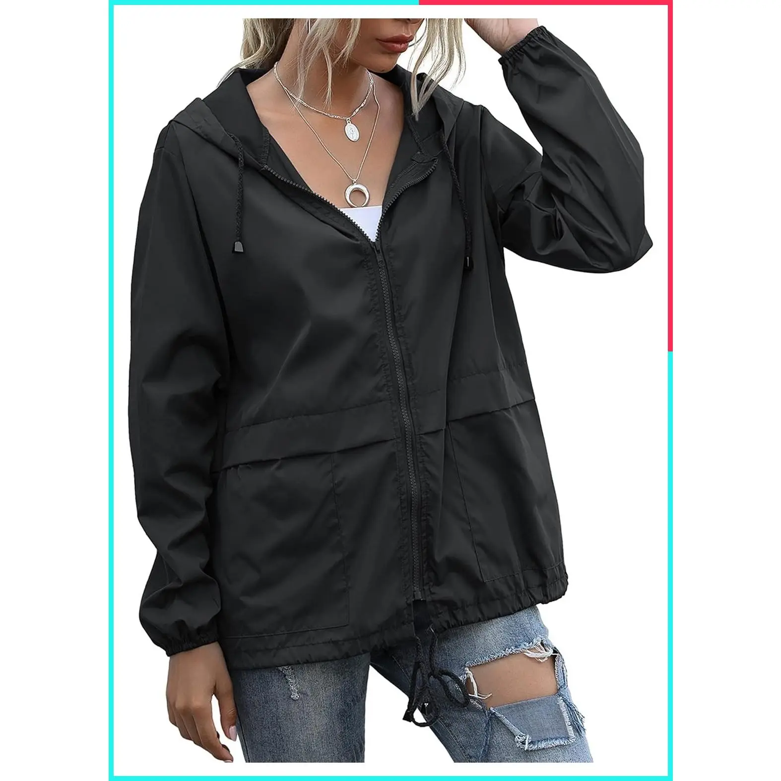 Women's Lightweight Waterproof Packable Rain Jacket with Hood and Pockets for Outdoor Travel