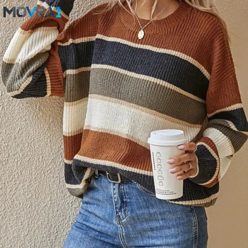 MOVRA1 Women's Long Sleeve Color Block Patchwork Stripe Sweater, Fall & Winter Loose-Fit Knitted Top, Elegant Round Neck Casual Wear, Knitwear