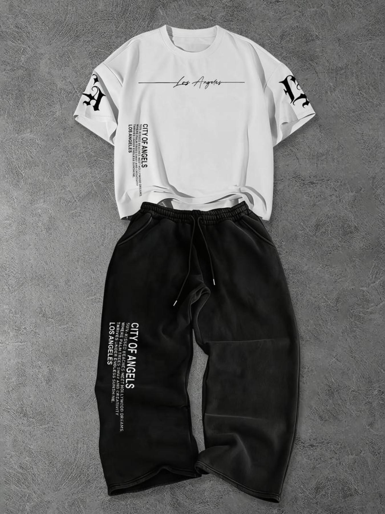 Men's Casual Loose-Fit Two-Piece Set, Short Sleeve T-Shirt & Wide-Leg Pants with Prints, Breathable Streetwear for All Seasons