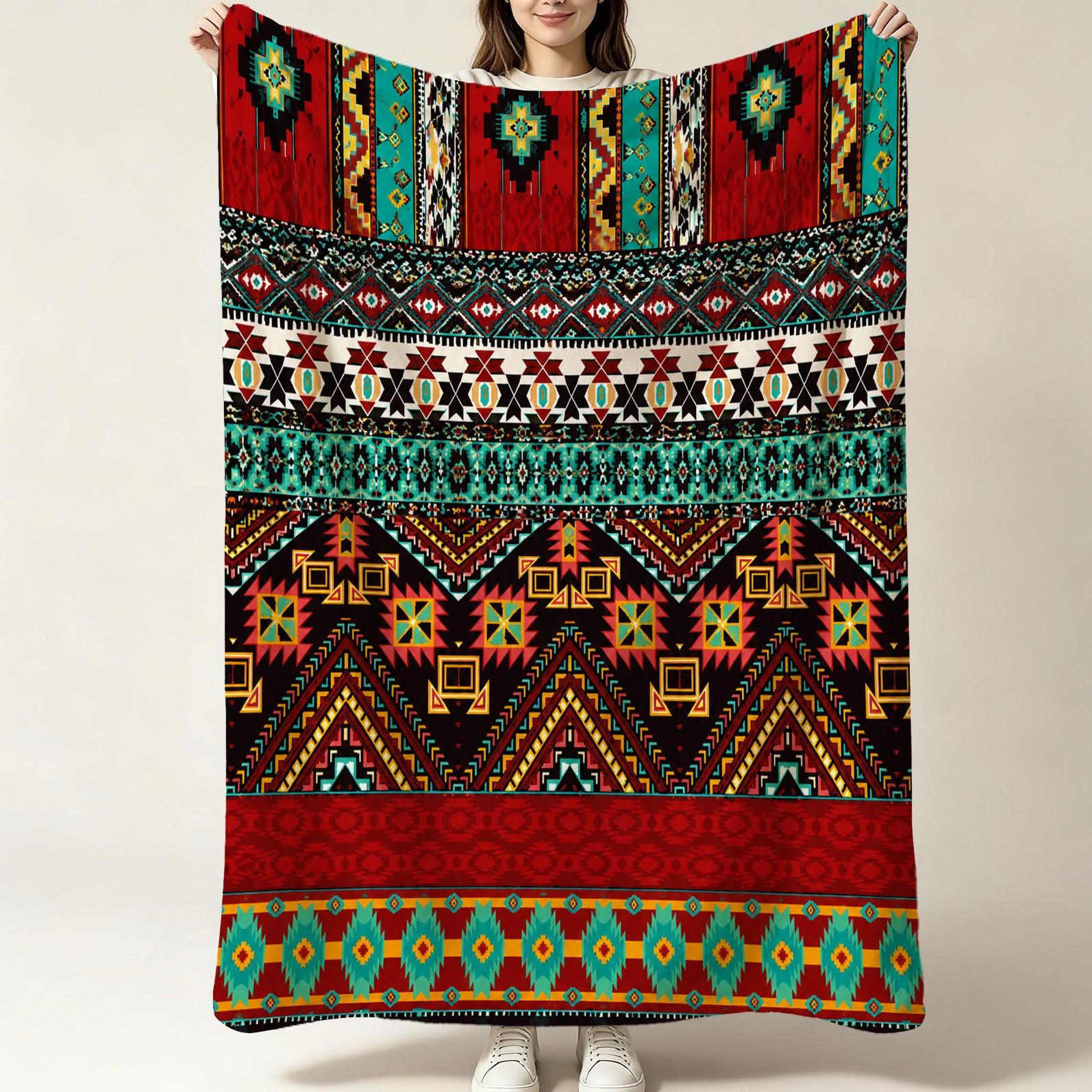 Bohemian Style Flannel Blanket, Single-Side HD Print, Tribal Geometric Style, Soft and Lightweight, Multi-Purpose for Napping, Camping, Picnic and Home Decor, Suitable for Teens and Adults