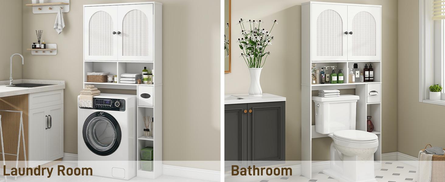 Vabches Rattan Toilet Storage Cabinet, Over Toilet Storage Wood Cabinet with 2 Doors & Toilet Paper Holder Stand, Bathroom Organizer Home Space Save Toilet Rack for Bathroom, Laundry, Restroom