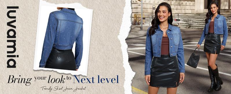 Luvamia Cropped Jean Jacket Women's Trendy Rhinestone Embellished Short Stretchy Trucker Denim Coats with Button Down & Pockets for Daily Essentials - Fit - Chic Clothes Style Elegance