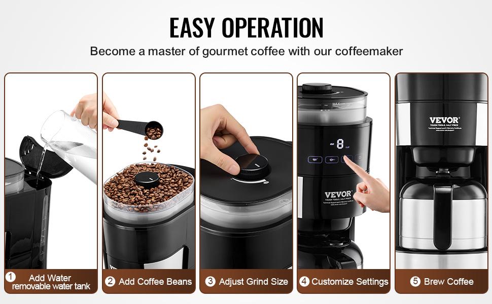 VEVOR Coffee Maker with Grinder, 8 Cup Programmable Coffee Machine, Grind and Brew Coffee Maker with 24-Hour Timer for Auto Brew, Reusable Filter, for Home Office Restaurant VEVOR Coffee Maker with Grinder, 8 Cup Programmable Coffee Machine, Grind and Brew Coffee Maker with 24-Hour Timer for Auto Brew, Reusable Filter, for Home Office Restaurant