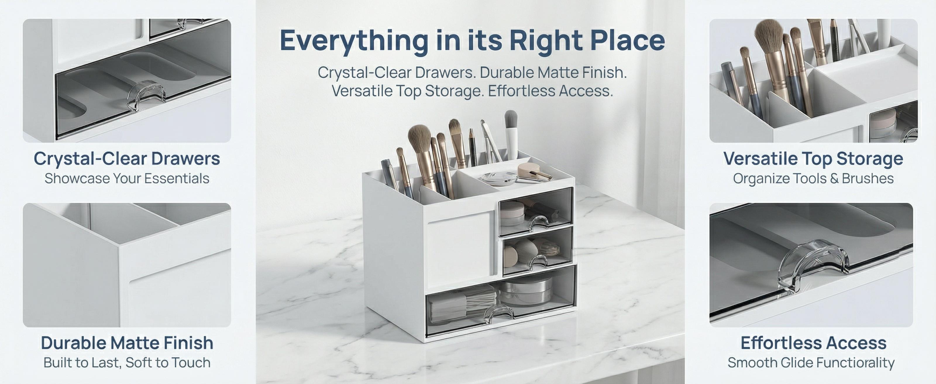 A desktop organizer with three drawers; a multi-functional pencil holder suitable for use in offices or at home; a desktop storage device with 8 compartments; available in white, perfect for storing art supplies in offices or homes.