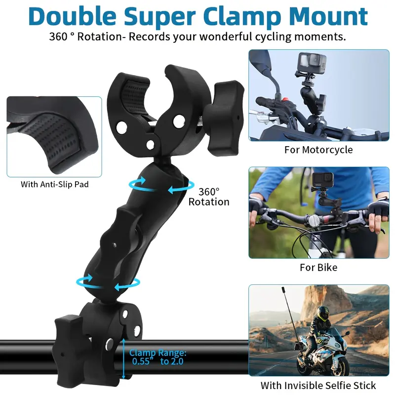 2026 New Motorcycle Mount Kit Holder, Suitable for Insta360 One X5 X4 X3 X2 RS DJI OSMO Gopro, Robust Motorcycle Clamp Mount, Extendable Panoramic Stick, Non-Slip CNC Base, Ideal for Cycling Videos, Umbrella Clamp