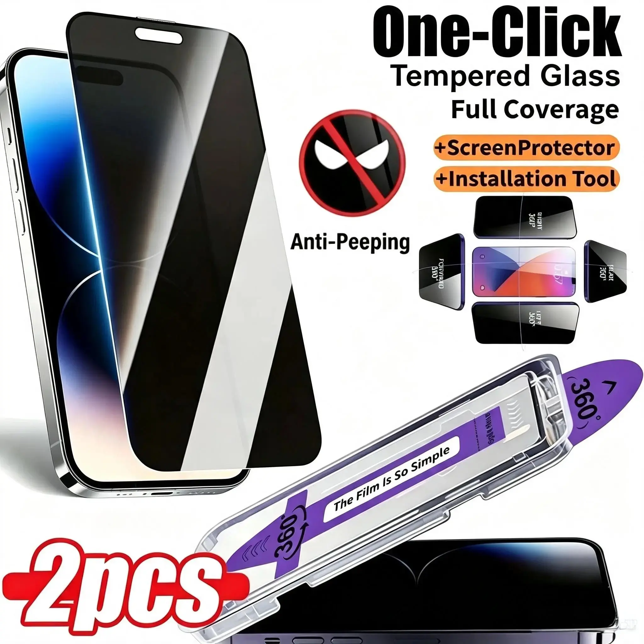 2pcs 360 Degree Privacy Tempered Glass Screen Protector with Install Kit Auto-Alignment Kit Compatible for iPhone17 series suitable for iPhone 11 12 13 14 15 16 17 Pro Promax 16 Plus 16e 17 air, Full Coverage