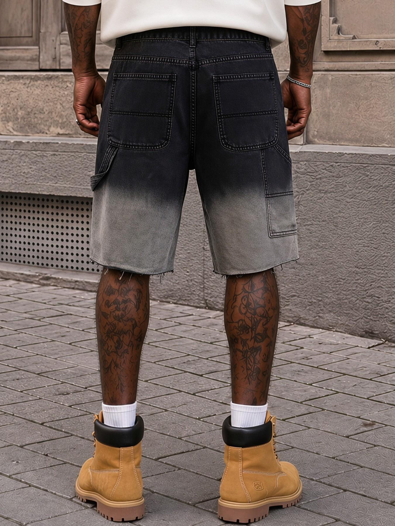 Men's Black Gray Gradient Washed Loose Denim Shorts, Knee-Length Frayed Hem Cargo Jorts, Vintage Y2K Hip-Hop Skate Streetwear Summer Casual Men's Denim Shorts, Suitable as an Everyday Outfit Gift for Husband or Boyfriend