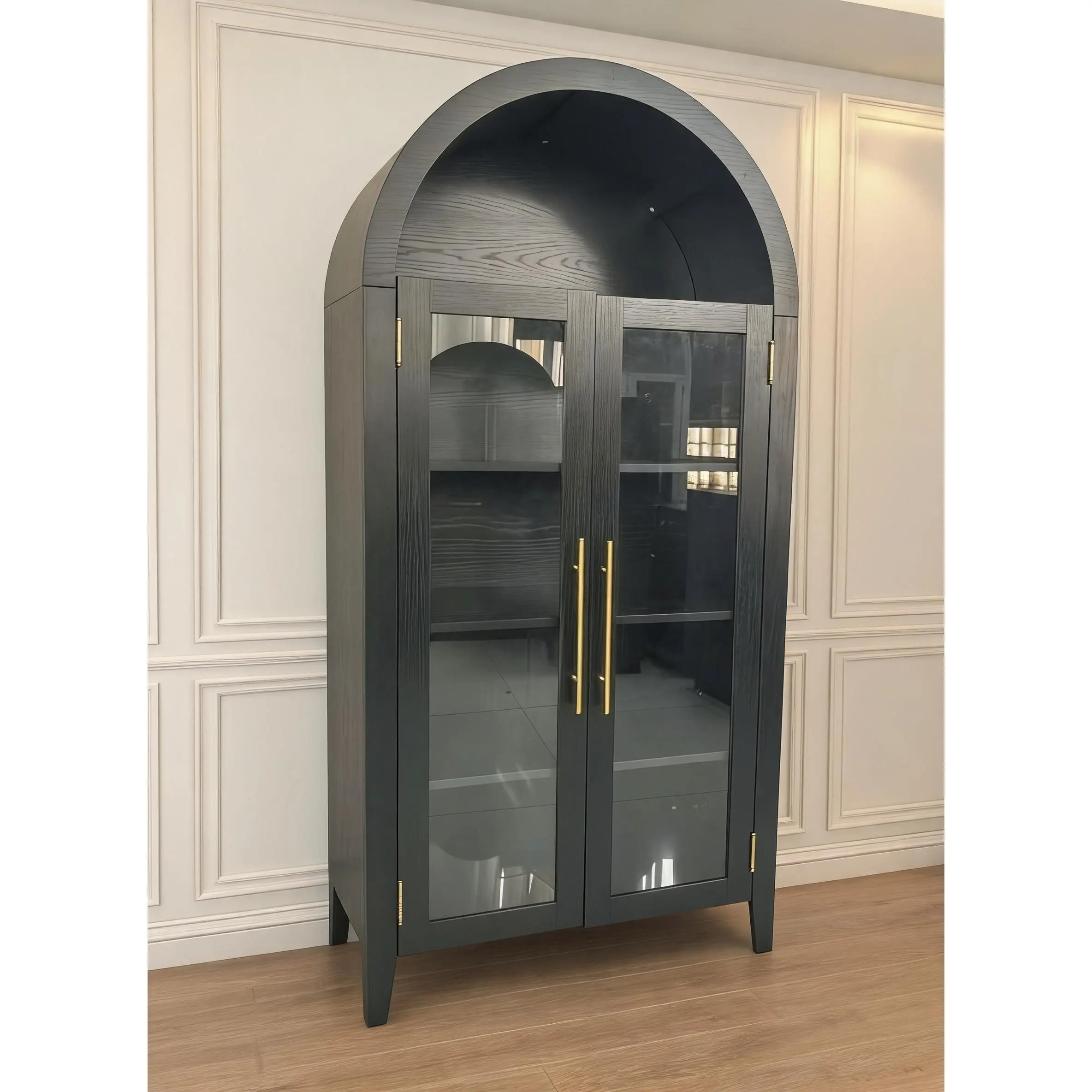 63" Tall Arched Kitchen Pantry Cabinet with 2 Glass Doors - 5-Tier Freestanding Display Storage Cupboard - Adjustable Shelves - Farmhouse Style