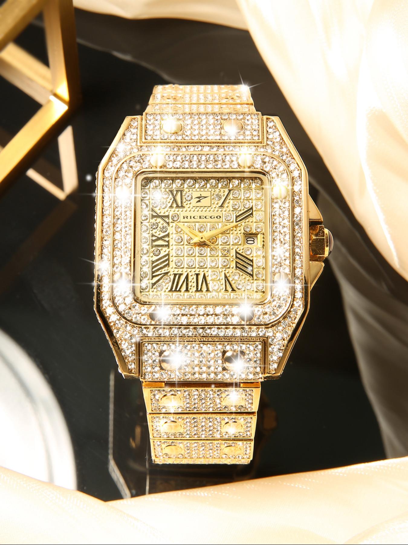 RICECGO Luxury Full-Diamond Men's Watch: Sparkling with diamonds, this timepiece features elegant design and refined details, showcasing the charm of a stylish man. It is an accessory that elevates your style, Fashionable Wristwatch