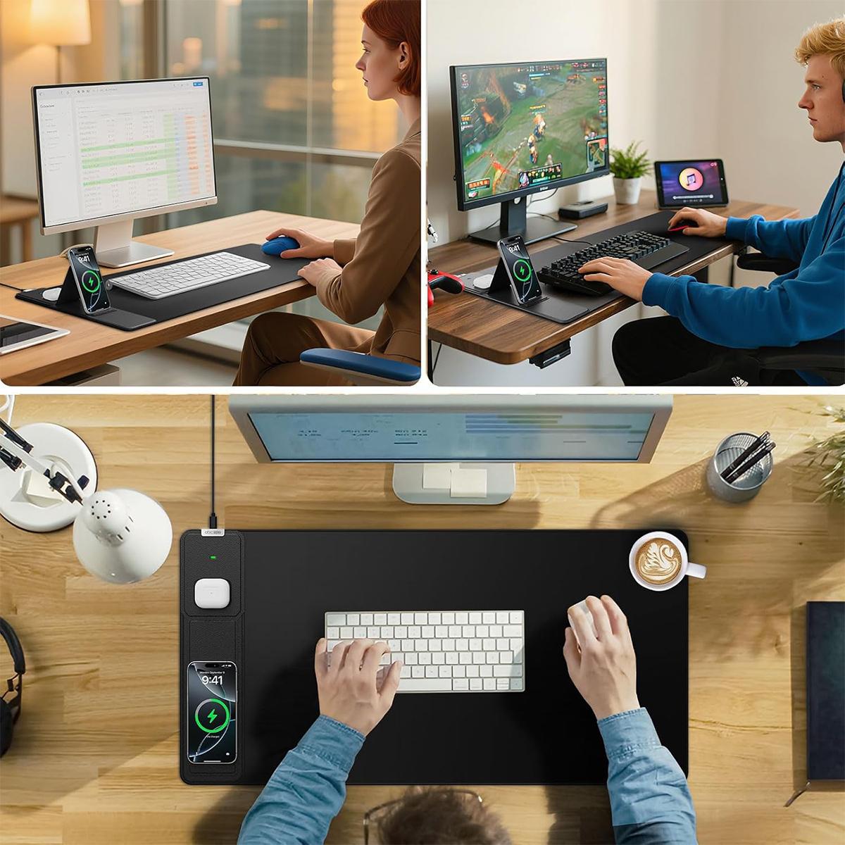 15W Wireless Charging Mouse Pad with Foldable Phone Holder, 31.5"x15.8" Extended Desk Mat for Laptop/Keyboard, Waterproof Ultra-Smooth Surface, Non-Slip Base,back to school,back to school shopping