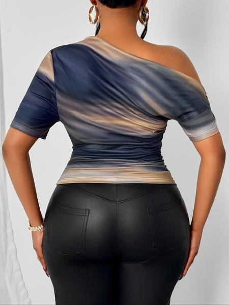 Women's Gradient Asymmetrical Neck Short Sleeve Top, Casual Loose-Fitting Summer T-Shirt, Ladies Fashion Clothing for Daily Wear