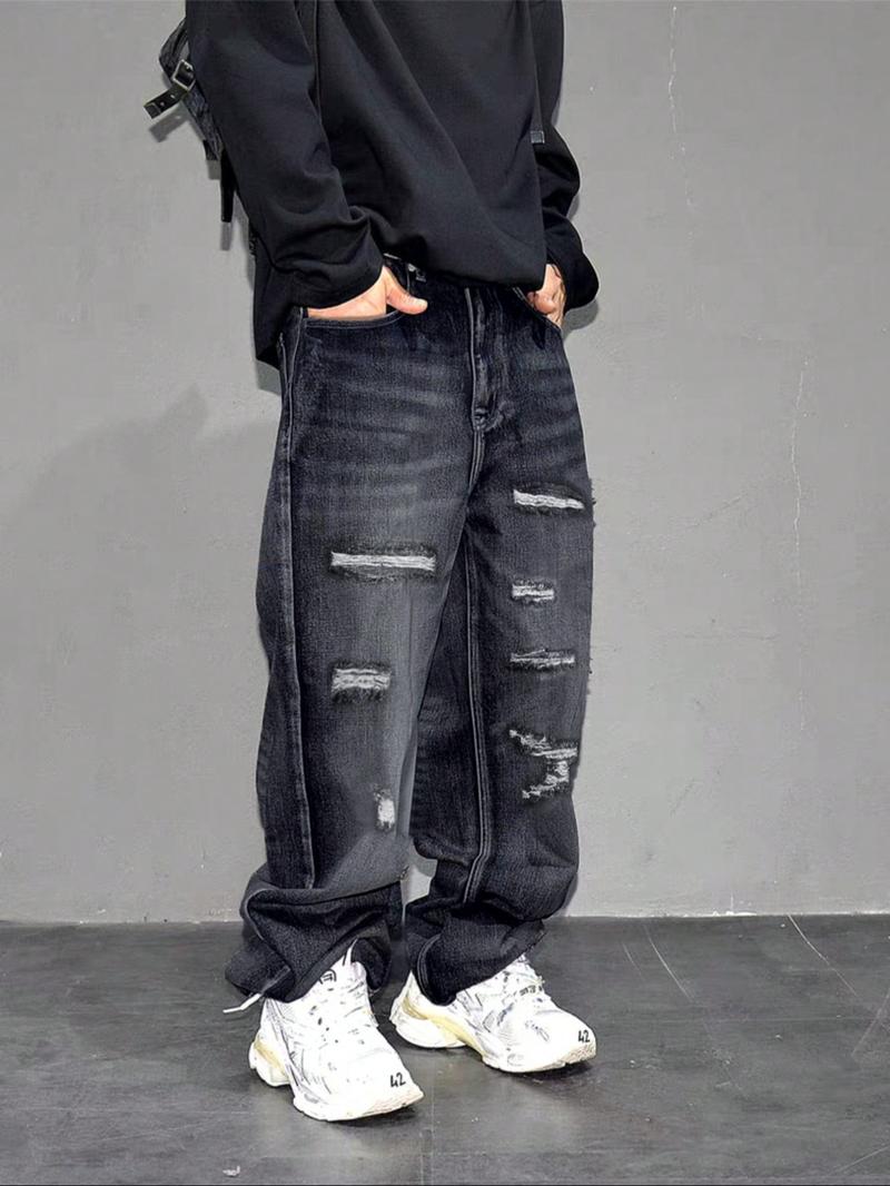 Men's High Street Style Ripped Wide Leg Jeans, Trendy Loose Fit Straight Pants, Casual Fashion for All Seasons
