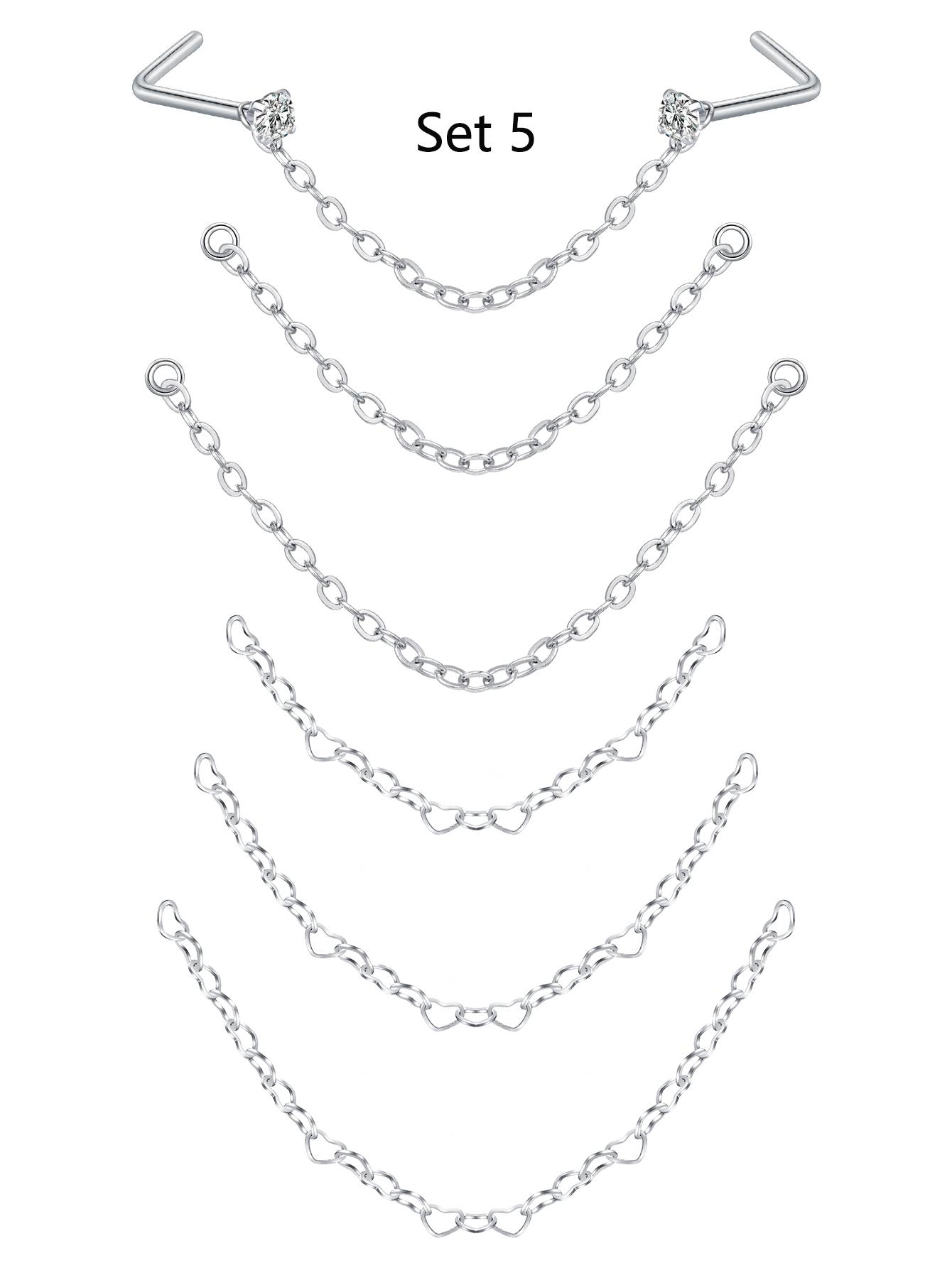 Stainless Steel Cz Nose Chain Piercing, 20g L Bone Shaped Nose Ring Chains for Women, Cz Nose Studs with Chains, Nostril Piercing Jewelry, Nose Piercing Kit