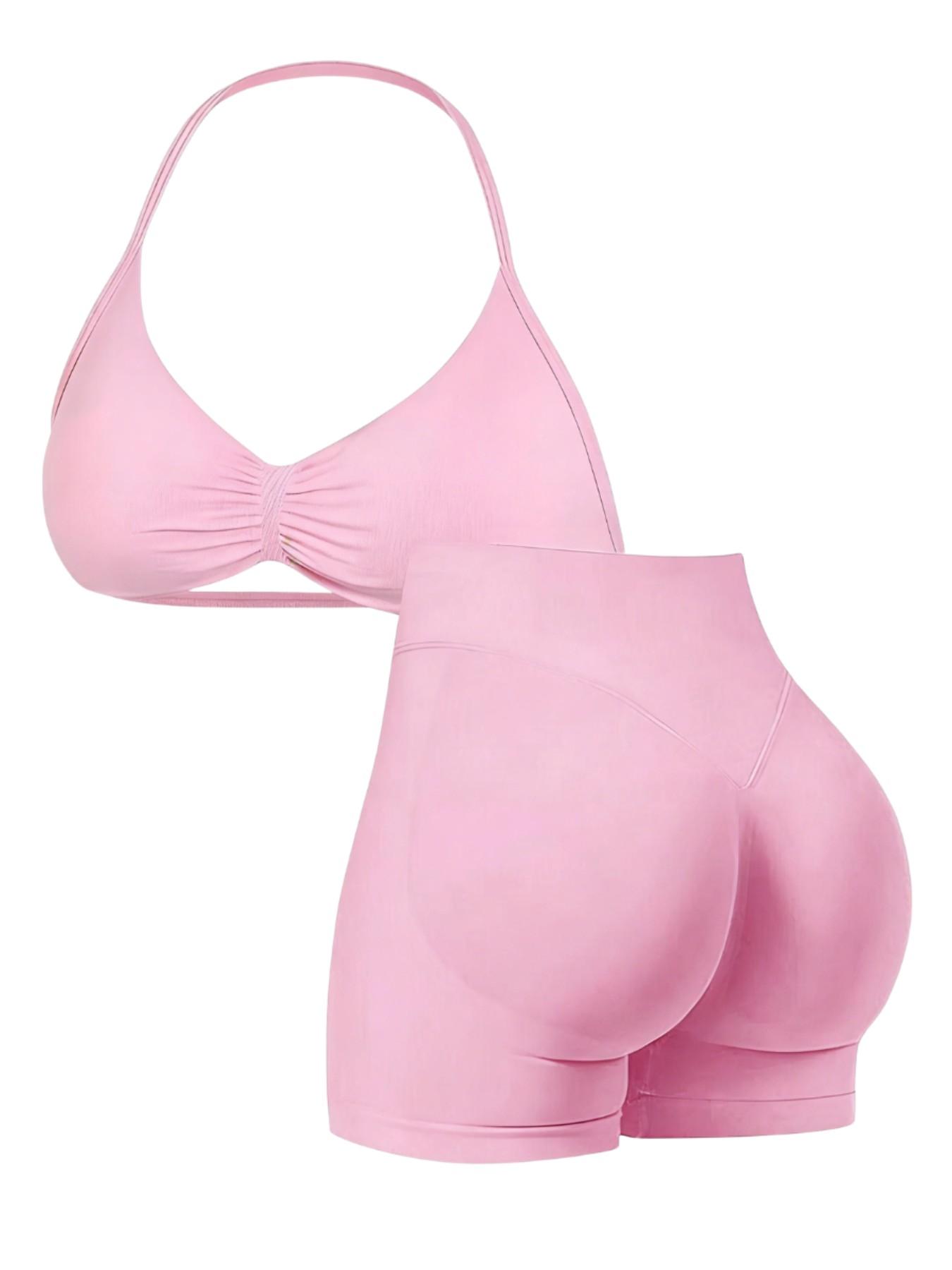 Women's Two-Piece Set, Solid Color Halter Top & High Waist Shorts, Sporty Breathable Quick-Dry for Yoga Gym Workout Running