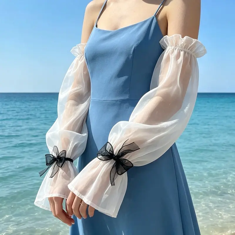 1 Pair Lace Trimmed Sleeve Covers, Wedding Evening Gown Decorative Sleeves, Fairy Princess Bow Sun Protection Sleeves