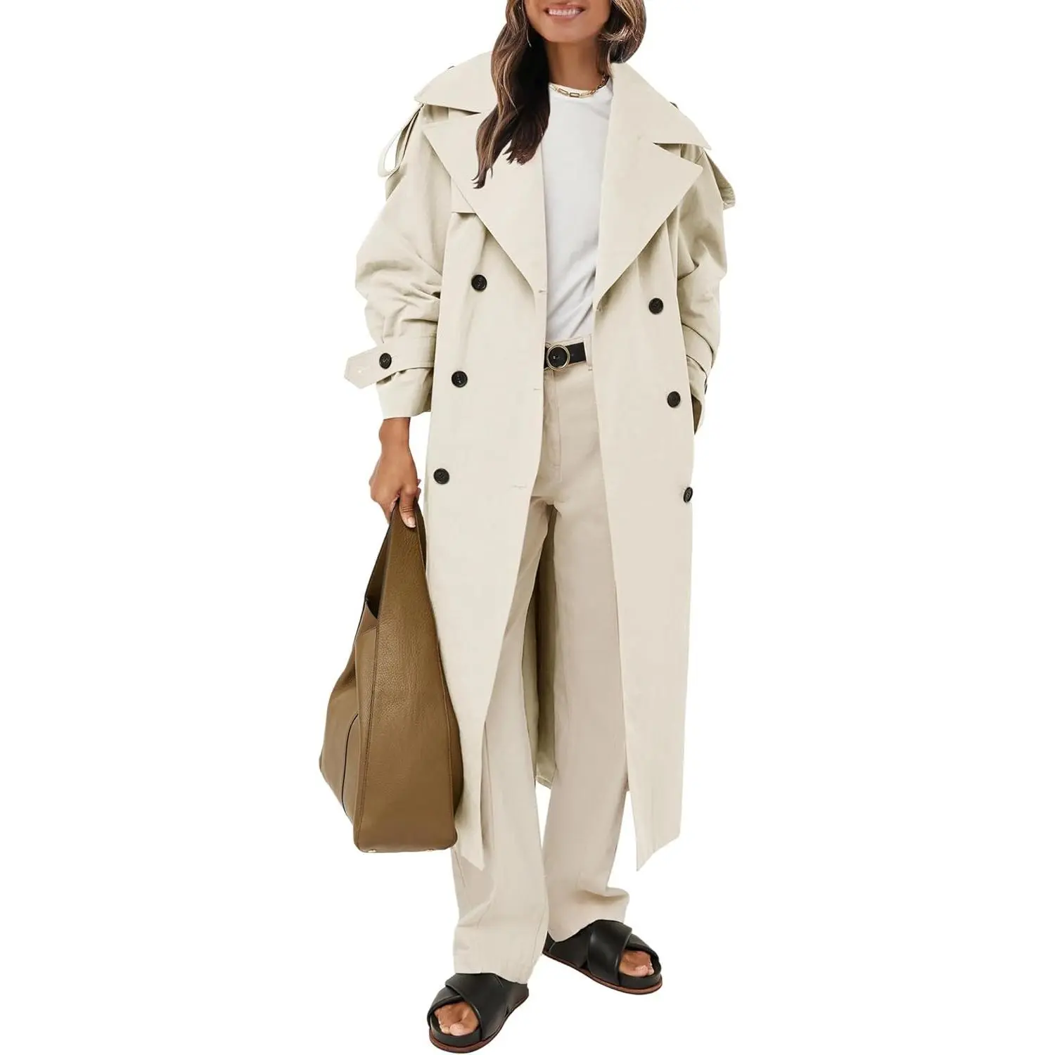 Lannew  Womens Oversized Long Trench Coat Double Breasted Lapel Windproof Overcoat with Belt Vintage Tops Tweed Blazer