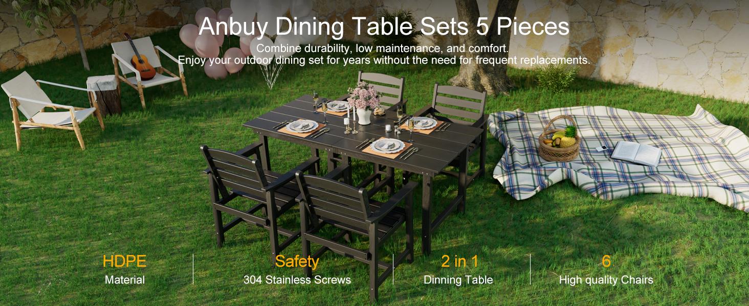 Anbuy Patio HDPE Dining Table Set, 5-Piece Outdoor Dining Table Sets, 2 in 1 Outdoor Furniture Table and 4 Outdoor Chairs for Garden, Backyard, Poolside, Easy Assembly, Ergonomic Design Anbuy Patio HDPE Dining Table Set, 5-Piece Outdoor Dining Table Sets, 2 in 1 Outdoor Furniture Table and 4 Outdoor Chairs for Garden, Backyard, Poolside, Easy Assembly, Ergonomic Design