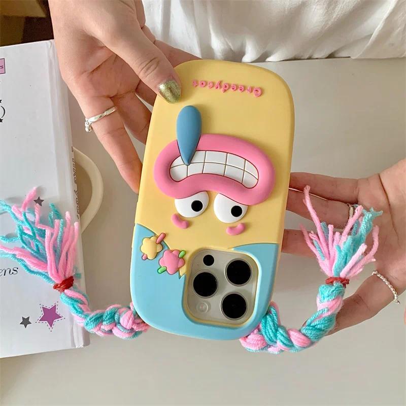 3D Funny long braid cute girl phone case iphone11 12 13 14 15 16 Pro 13pro Max Funny shockproof protection soft silicone Kawaii