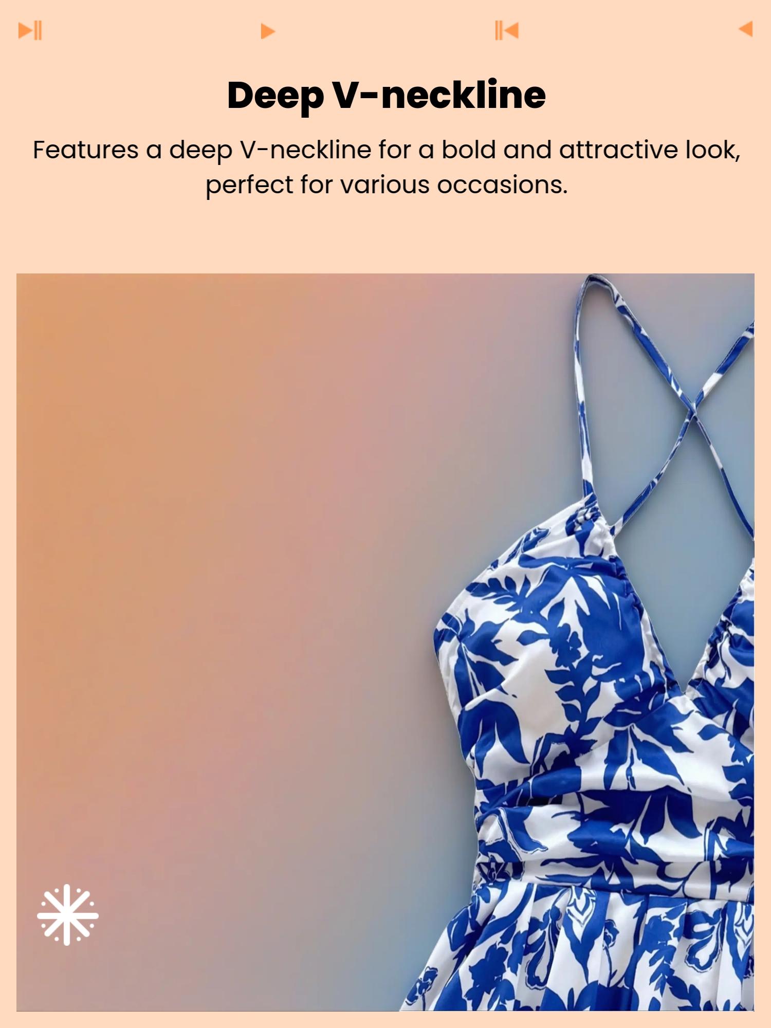 Women's Vacation-Style Blue & White Floral Print Deep V-Neck Backless Bowknot Back Ruffle Hem Dress, Suitable For Weddings, Graduations, Back To School, Cute Lunch, Sexy Bachelorette, Summer