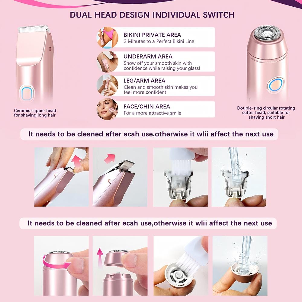 2 in 1 Electric Bikini Trimmer for Women, Dual Head Electric Razor Body Hair Trimmer , Wet/Dry Use Electric Shaver for Bikini Underarm Face Leg Arm Pubic Hair, Christmas Gifts