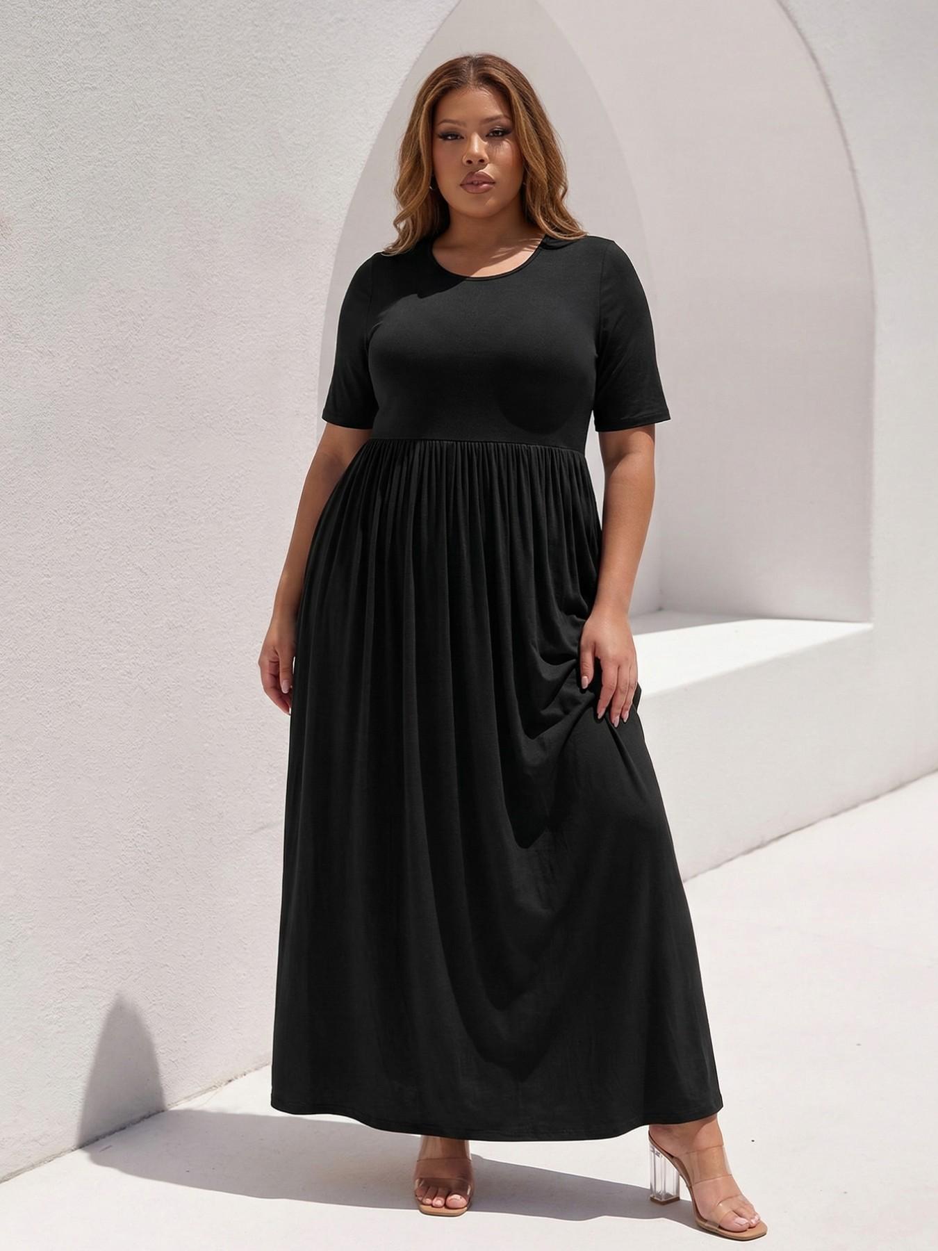 Plus Size Solid Black Maxi Dress | Short Sleeve High Waist Pleated Loose Casual Long Dresses