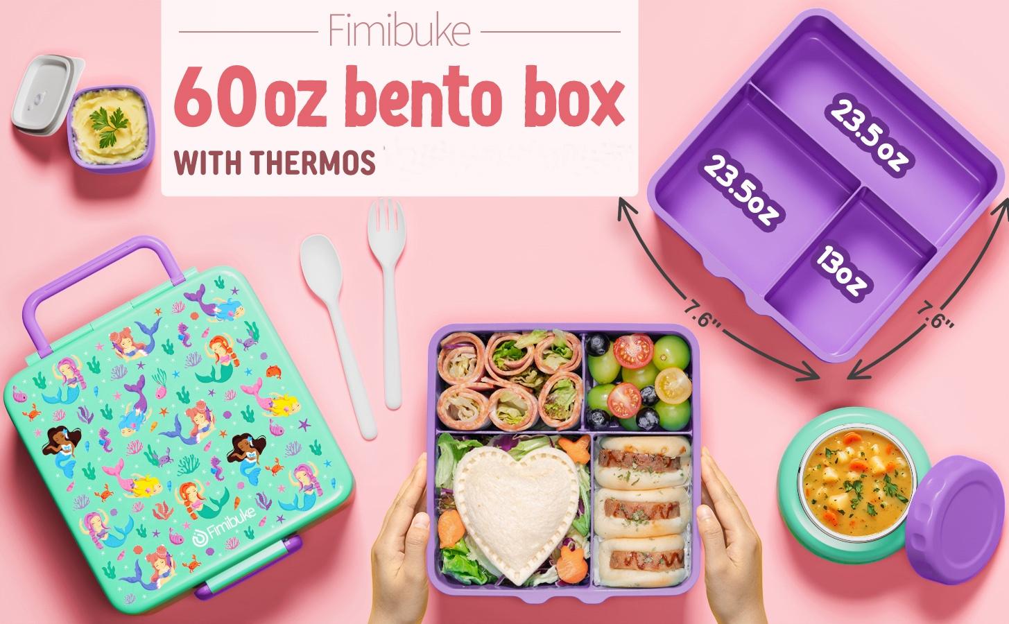 Fimibuke Bento Lunch Box , 3-4 Compartment 60OZ Toddler Lunch Box Container with Leakproof 8OZ Insulated Food Jar, Sauce Jar, Utensil for School, BPA-Free Dishwasher Safe,Funny Patterns,Back to school gift