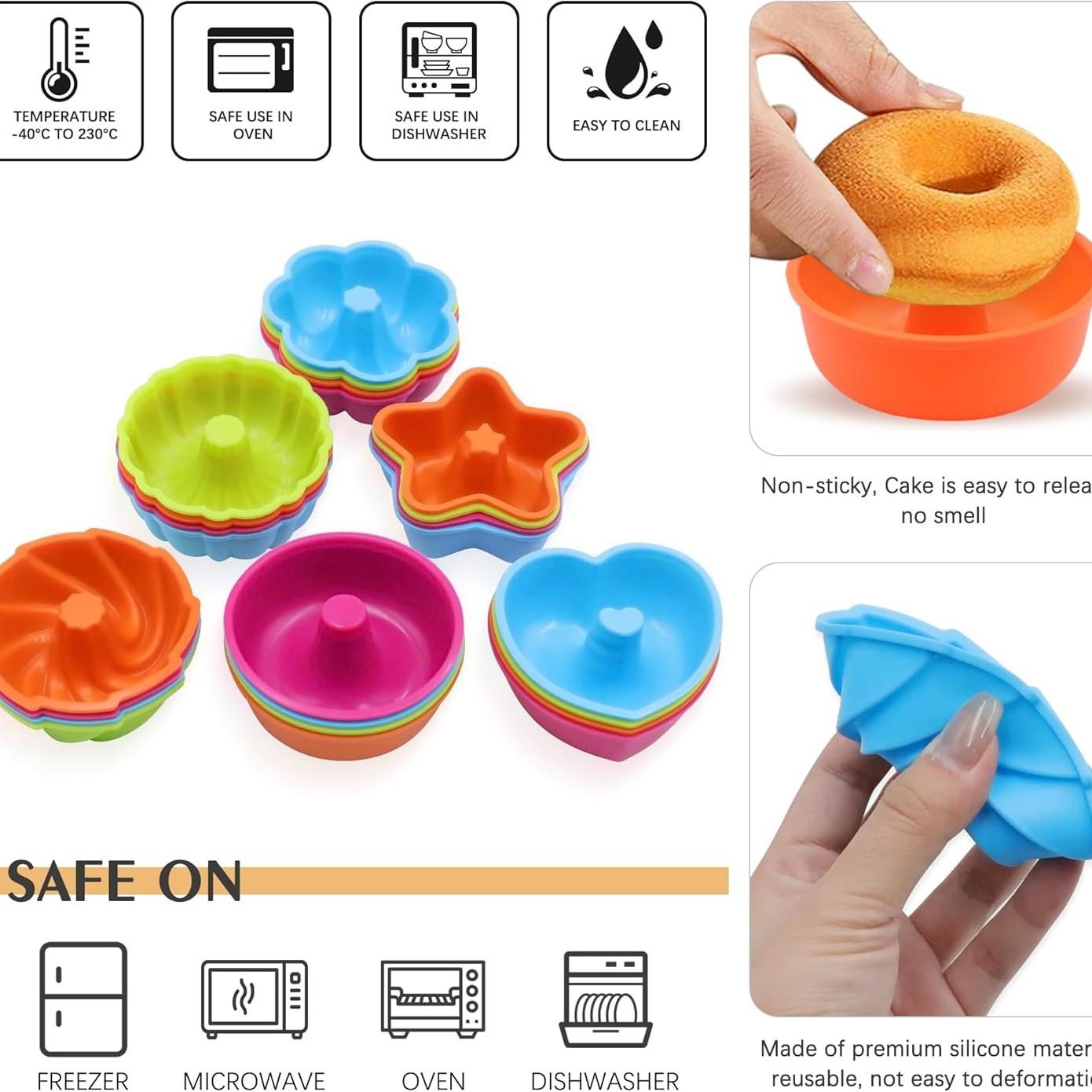 24 Pcs Silicone Cooking Molds, 6 Pcs Various Styles of Silicone Baking Cups, Non-Stick Cupcake, Donut, and Muffin Molds, Pastry Liners, Baking Supplies, Oven, Microwave, and Dishwasher Safe, Kitchen Appliance