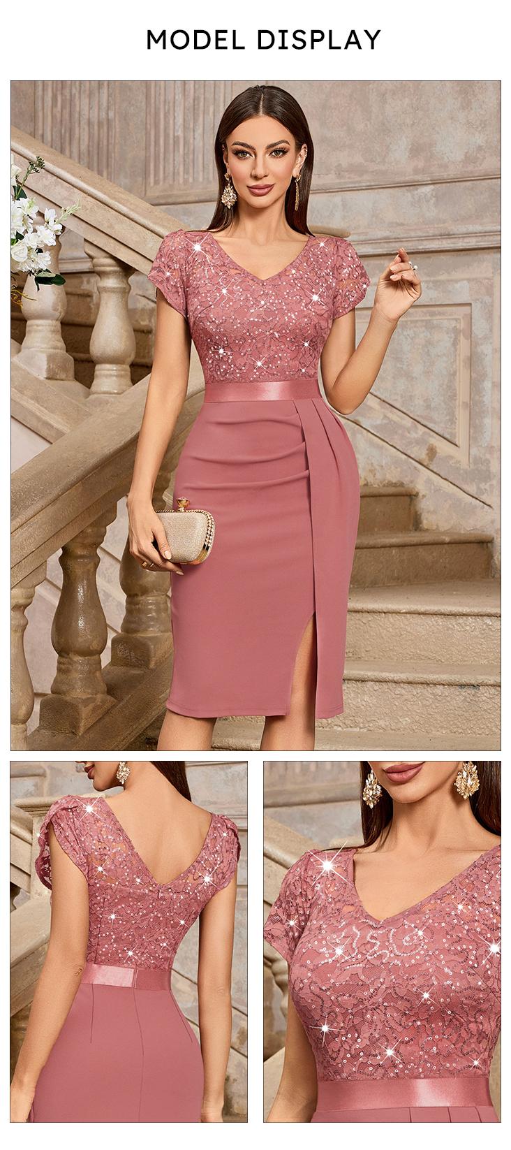 MIUSOL 54347A Women's Sequin Floral Lace V Neck Elegant Ruffle Ruched Style Slim Fit Cocktail Party Chic Womenswear Formal Dress